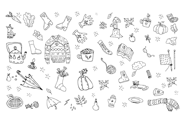 Vector set of doodle outline icons autumn cozy