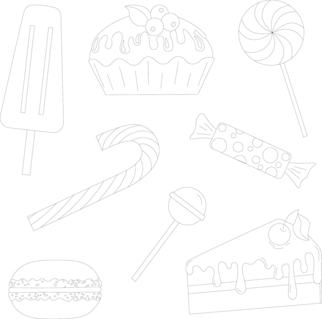 Vector set of doodle pastry and sweets. Ice cream, candy, cake, cupcake, cane, lollipop, macaroon.