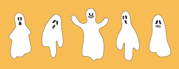 Vector set of doodle spooky ghosts Collection of scary hallooween phantoms