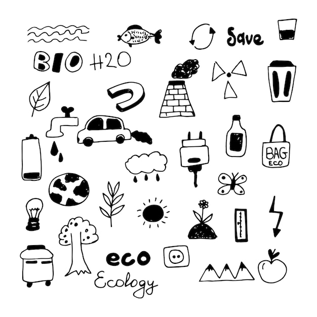 Vector set of doodles environment and ecology