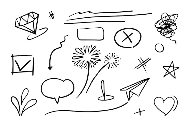 Vector set of doodles Starburst diamond lights arrows swirls stars love and others for concept design