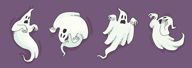 Vector vector set of drawn ghosts in different poses on a purple background