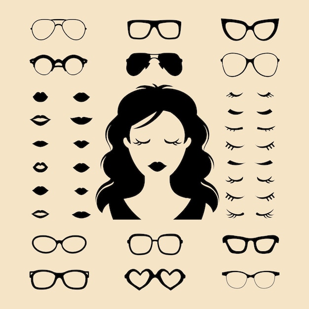 Vector set of dress up constructor with different woman eyelashesglasseslips in flat style Female faces icon creator