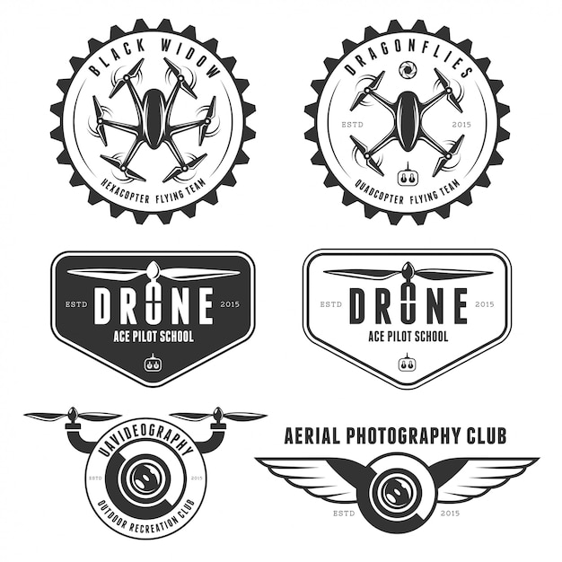 Vector set of drone flying club badge logo