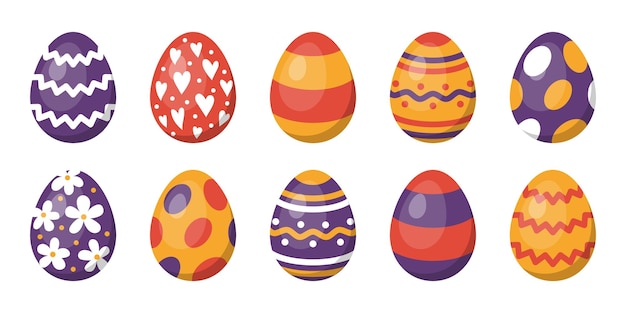 Vector set of easter eggs 3D easter collection in purple orange and red colors Egg hunt