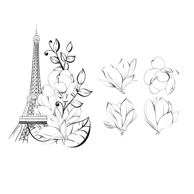 Vector set of eiffel tower and flower magnolia springtime romantic in paris for poster greeting card