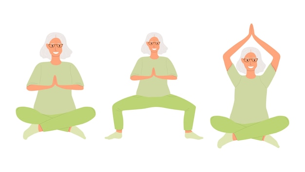 Vector set of elderly women practicing yoga. An active and healthy lifestyle in old age.