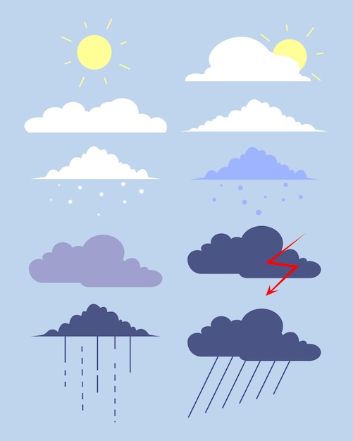 Vector set of elements for weather forecast, meteorological symbols, clouds, rain clouds, hail, sun