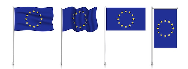 Vector set of European Union flags on a metallic pole isolated on a white background