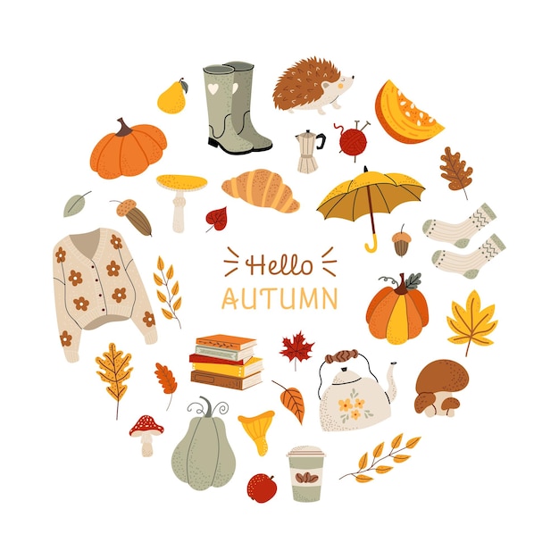 Vector vector set of fall elements hello autumn cozy autumn illustration leaves acorns sweater pumpkin boot