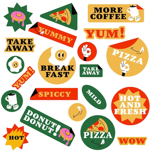 Vector set of fast food stickers. Colorful patch badges for junk food cafe.