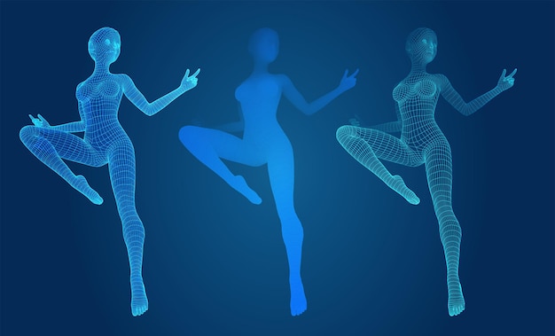 Vector set of female figures in dance poses on the background