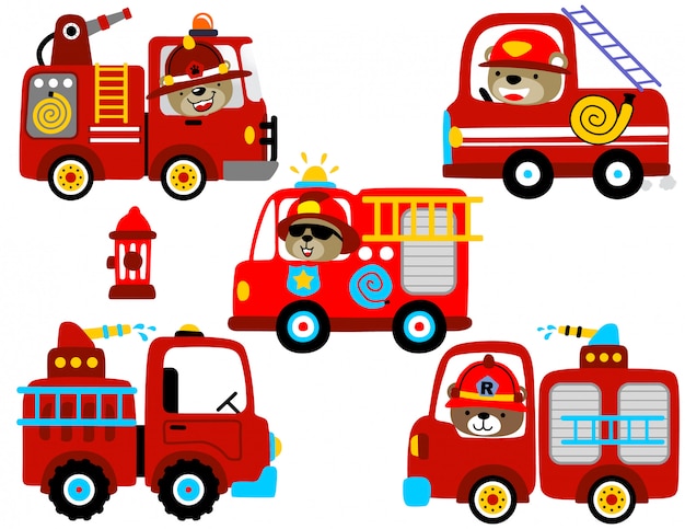 vector set of fire engine cartoon with funny driver