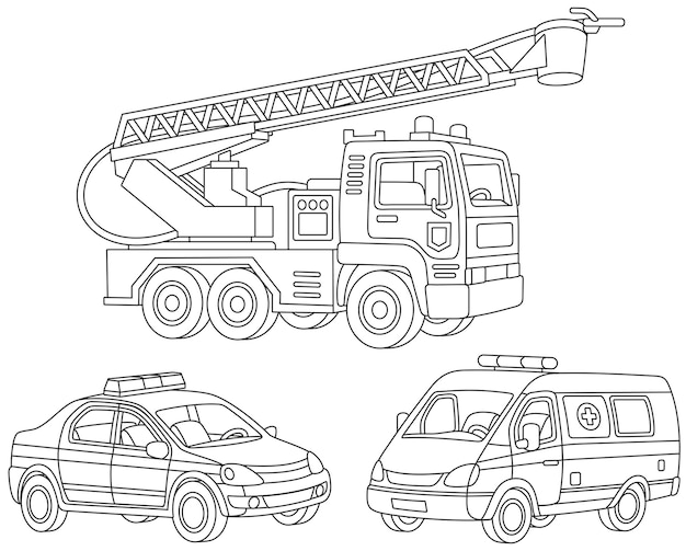 Vector set of a fire truck an ambulance car and a police car black and white illustrations