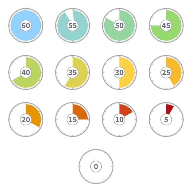 Vector Set of Flat Color Round Dial Clocks with Numbers. Process of Time Countdown.