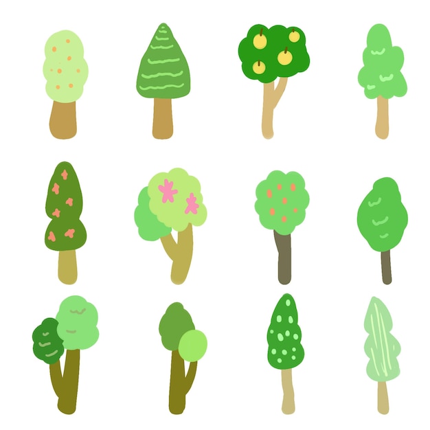 Vector a set of flat hand drawn tree