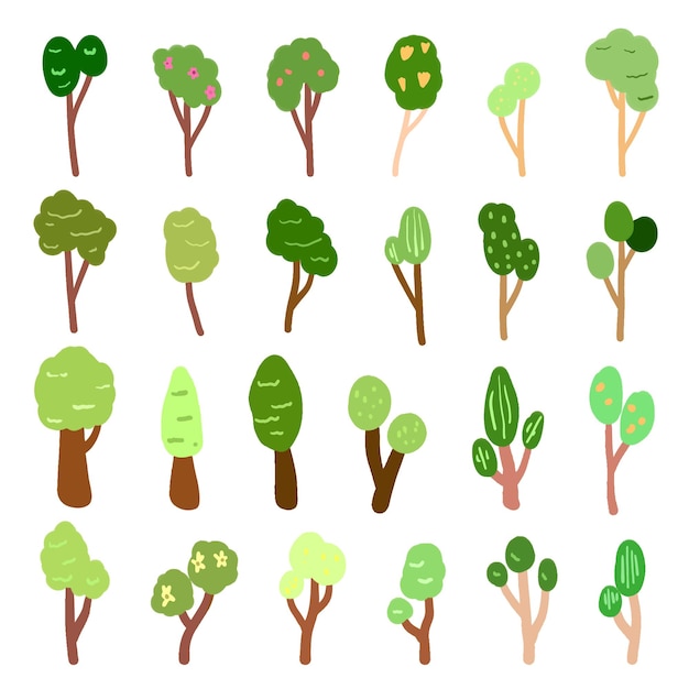 Vector a set of flat hand drawn tree