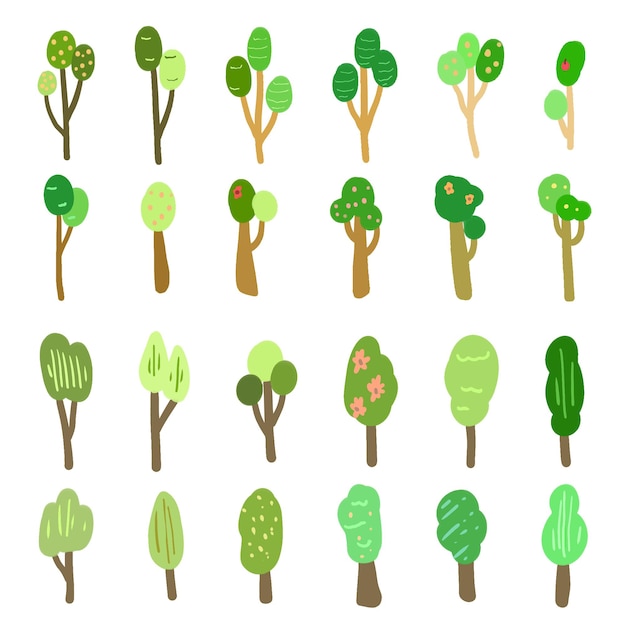 Vector a set of flat hand drawn tree