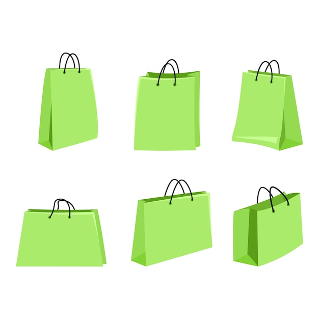 Vector Set of Flat Light Green Shopping Bags on White Background