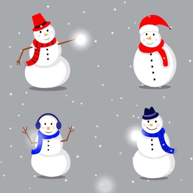 Vector set of four Christmas snowman Different Types Icons Set Winter Season Concept Flat Design Sty