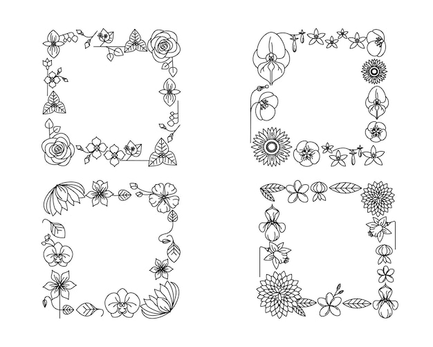 Vector set of frames with flowers leaves and butterflies Black and white illustration