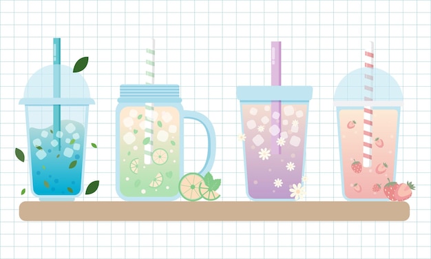 Vector Set of Fresh Fruit Drinks and Juices in Pastel Colors