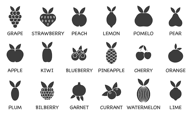 Vector set of fruit line icons Black filled icons Contains commonly used fruits