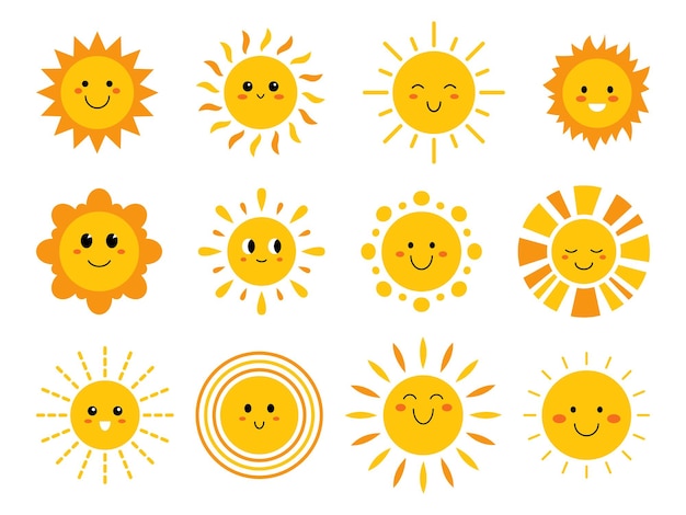 Vector set of funny suns with faces Cute summer sunshine emoji Collection of yellow childish sunny emoticons Smiling baby sun with sunbeams