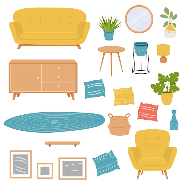 Vector set of furniture for the living room Flat illustration on white background