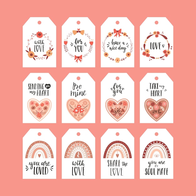 Vector set of gift tags for Valentine's Day Boho rainbows floral hearts flower wreaths Collection of present labels with cute illustrations and handwritten greetings and wishes on white background