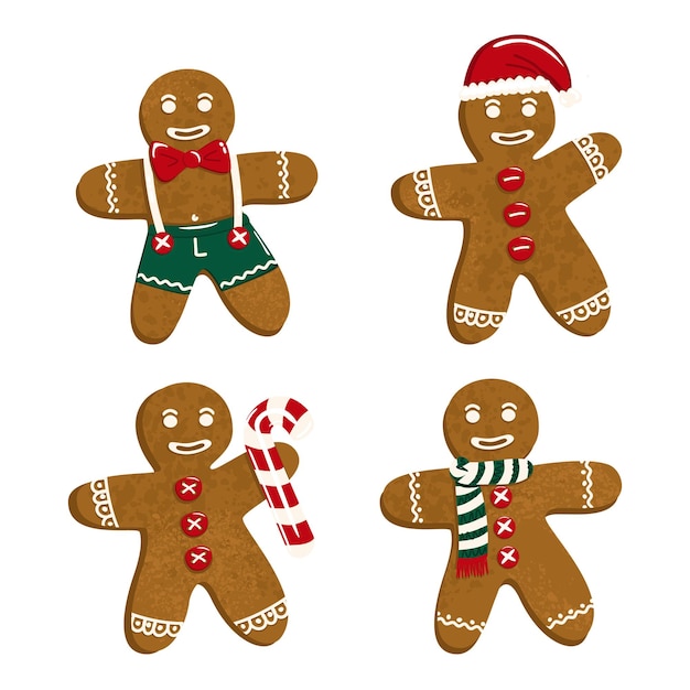 Vector set of gingerbread men in clothes smiling happily holding a candy cane wearing a Santa hat