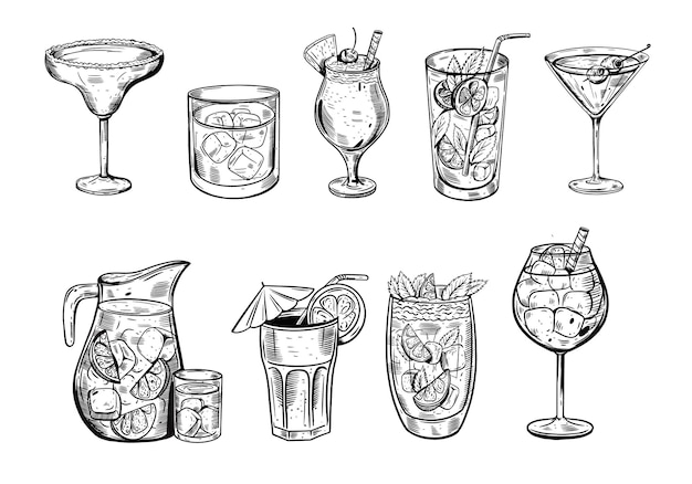 Vector set glasses cocktails set Hand drawn black color sketch vector illustration