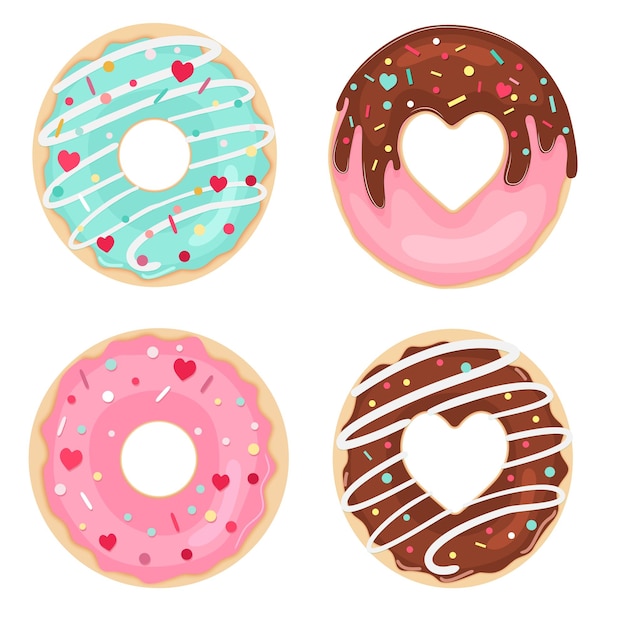 Vector set of glazed chocolate and sprinkles donuts Top view Valentine Donuts