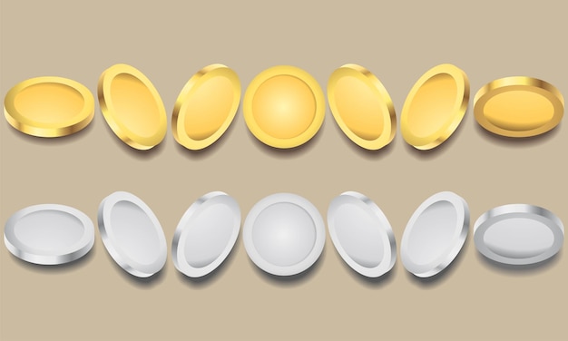 Vector set of gold and silver coins rotating at different angles for animation