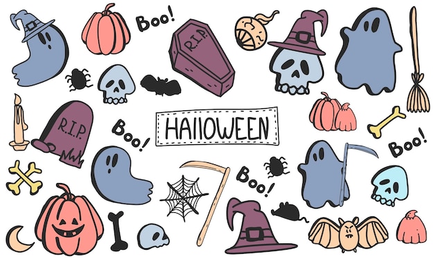 Vector set of halloween clipart hand drawn Doodle cartoon collection set of icon and symbols about the Halloween day Funny cute illustration for design textile decoration