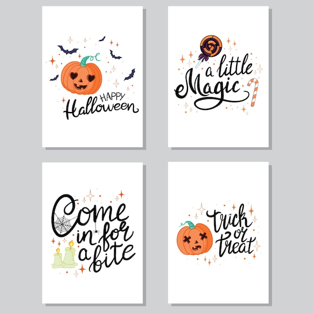 Vector set of Halloween holidays hand drawn invitation or greeting card with handwritten calligraphy greetings