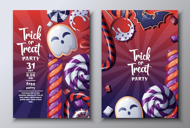 Vector set of Halloween party invitations or greeting cards with candies lollipopsGhost and Bat Cookies