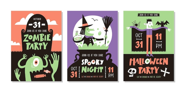 Vector set of Halloween party invitations or greeting cards with handwritten text and traditional sy