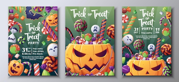 Vector set of Halloween party invitations or greeting cards with pumpkin and horrible sweets candies lollipops Trick or Treat