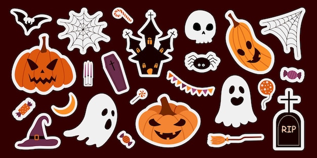 Vector vector set of halloween stickers pumpkins ghosts castle grave coffin broom candy phrases