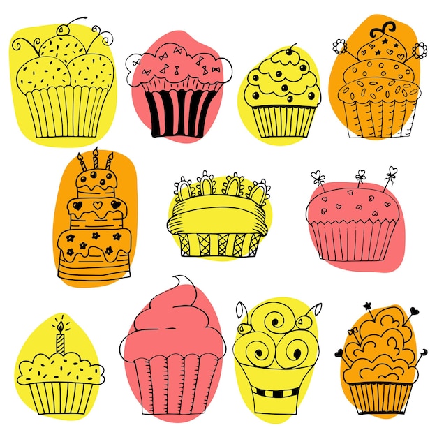 Vector set of hand drawn cupcakes on white background