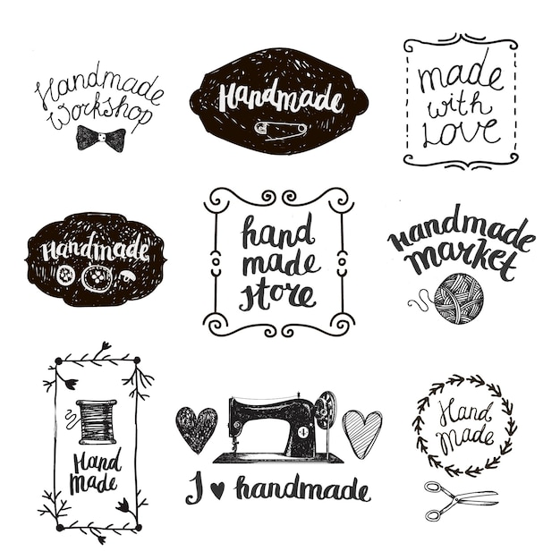 Vector set of hand drawn doodle frames, badges. Handmade, workshop, hand made shop graphic design set. Arts and crafts, sewing elements, icons, logos, badges set isolated, lettering