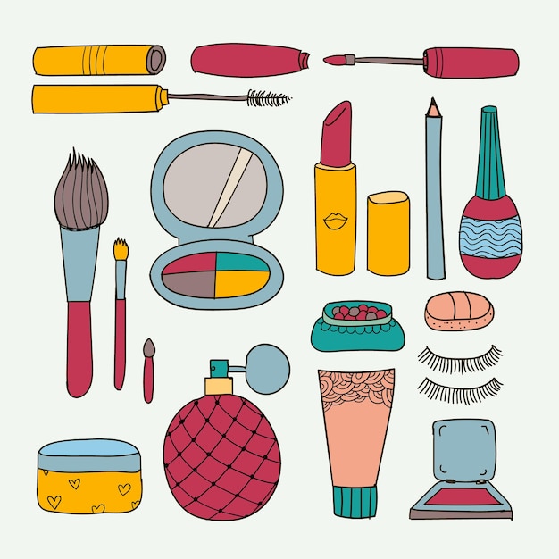 Vector set of hand drawn doodle make up tools, cosmetics illustration