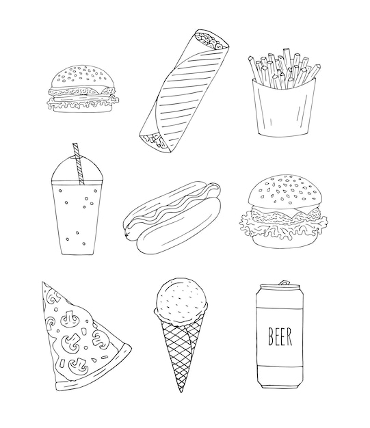 Vector set of hand drawn doodle sketch fast food