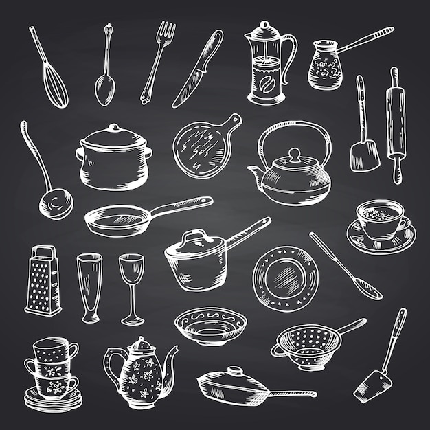 Vector set of hand drawn kitchen utensils on black chalkboard illustration