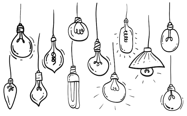 Vector set of hand drawn light bulb set. idea concept with lightbulbs doodle illustration