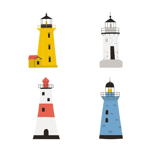 Vector set of hand drawn lighthouses isolated on white background