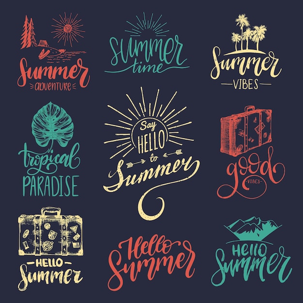 Vector set of hand lettering with summer motivational phrases and sketches. Calligraphy inspirational quotes collection. Travel icons.