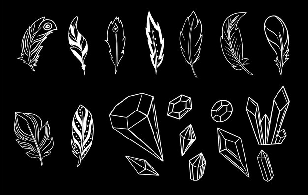 Vector set of handdrawn Boho elements Set of Ornamental Boho Style Elements Arrows feathers stones crystals