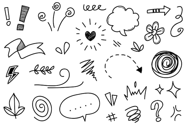 Vector set of handdrawn cartoony expression sign doodle curve directional arrows emoticon effects design elements cartoon character emotion symbols cute decorative brush stroke lines